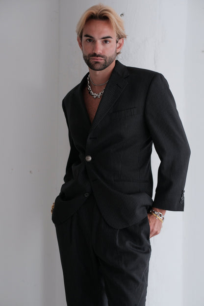 Pinstripe suit with vintage Hermes buttons