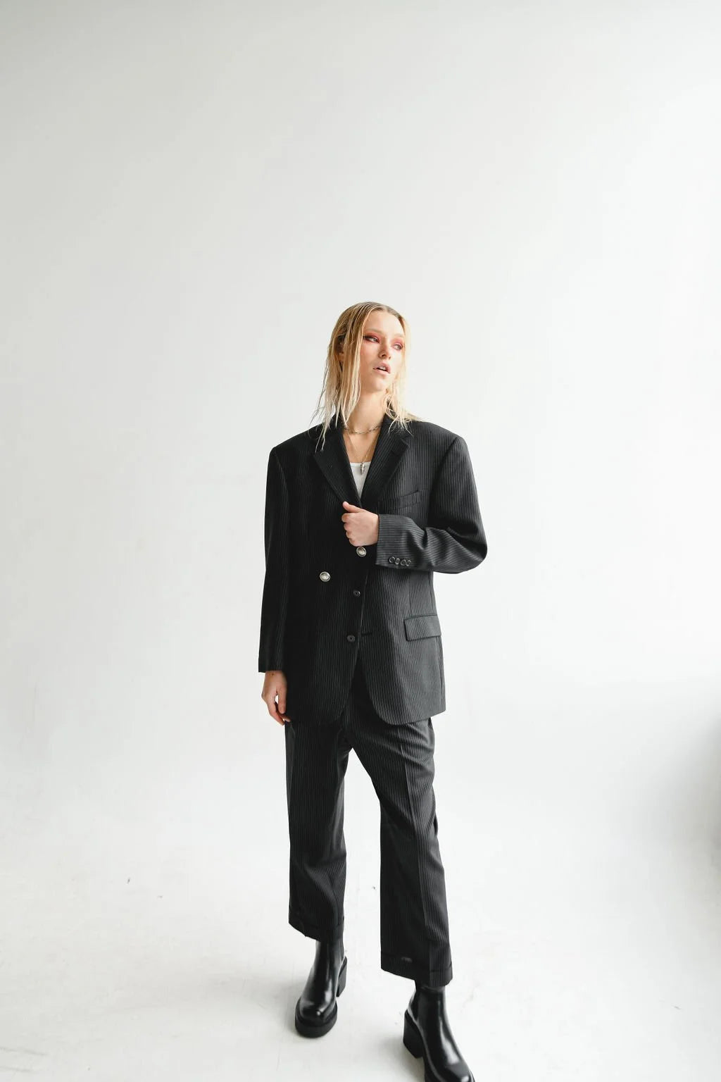 Pinstripe suit with vintage Hermes buttons