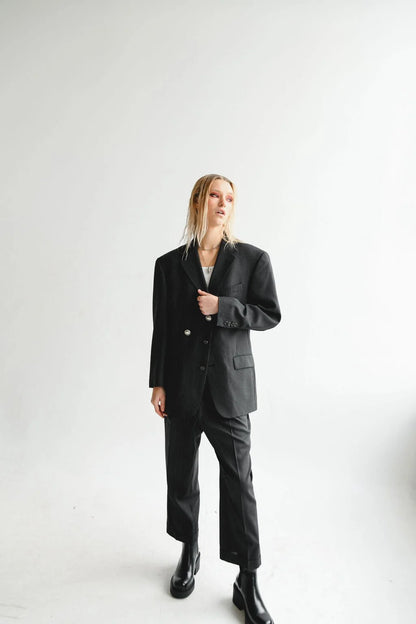 Pinstripe suit with vintage Hermes buttons