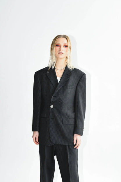 Pinstripe suit with vintage Hermes buttons