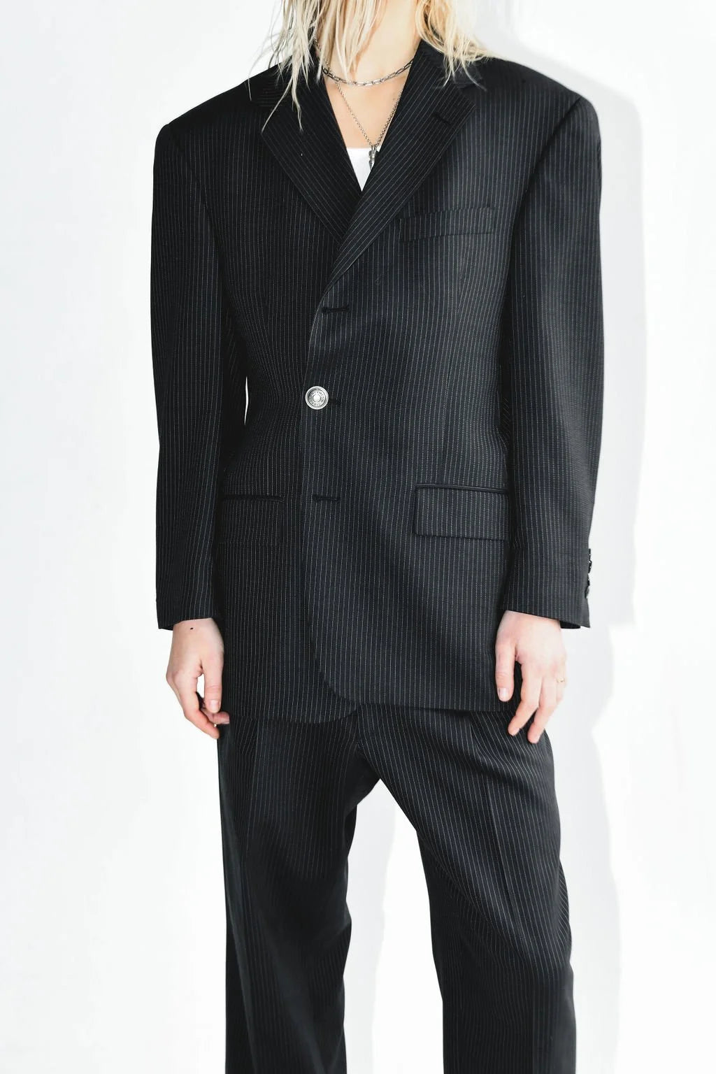 Pinstripe suit with vintage Hermes buttons