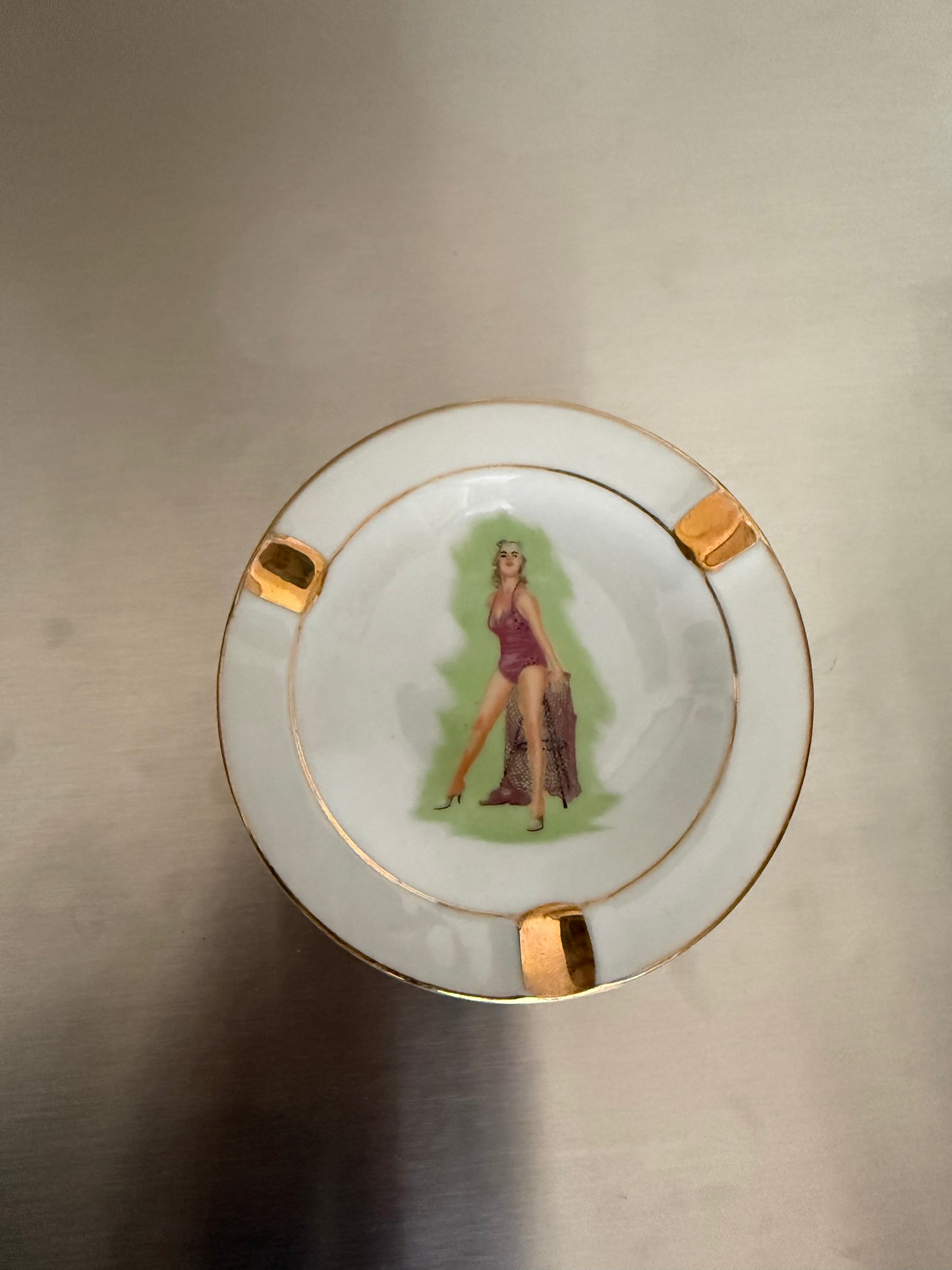 Vintage Japanese Painted Pin-up Ashtray or Trinket Tray
