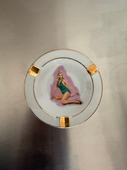 Vintage Japanese Painted Pin-up Ashtray or Trinket Tray