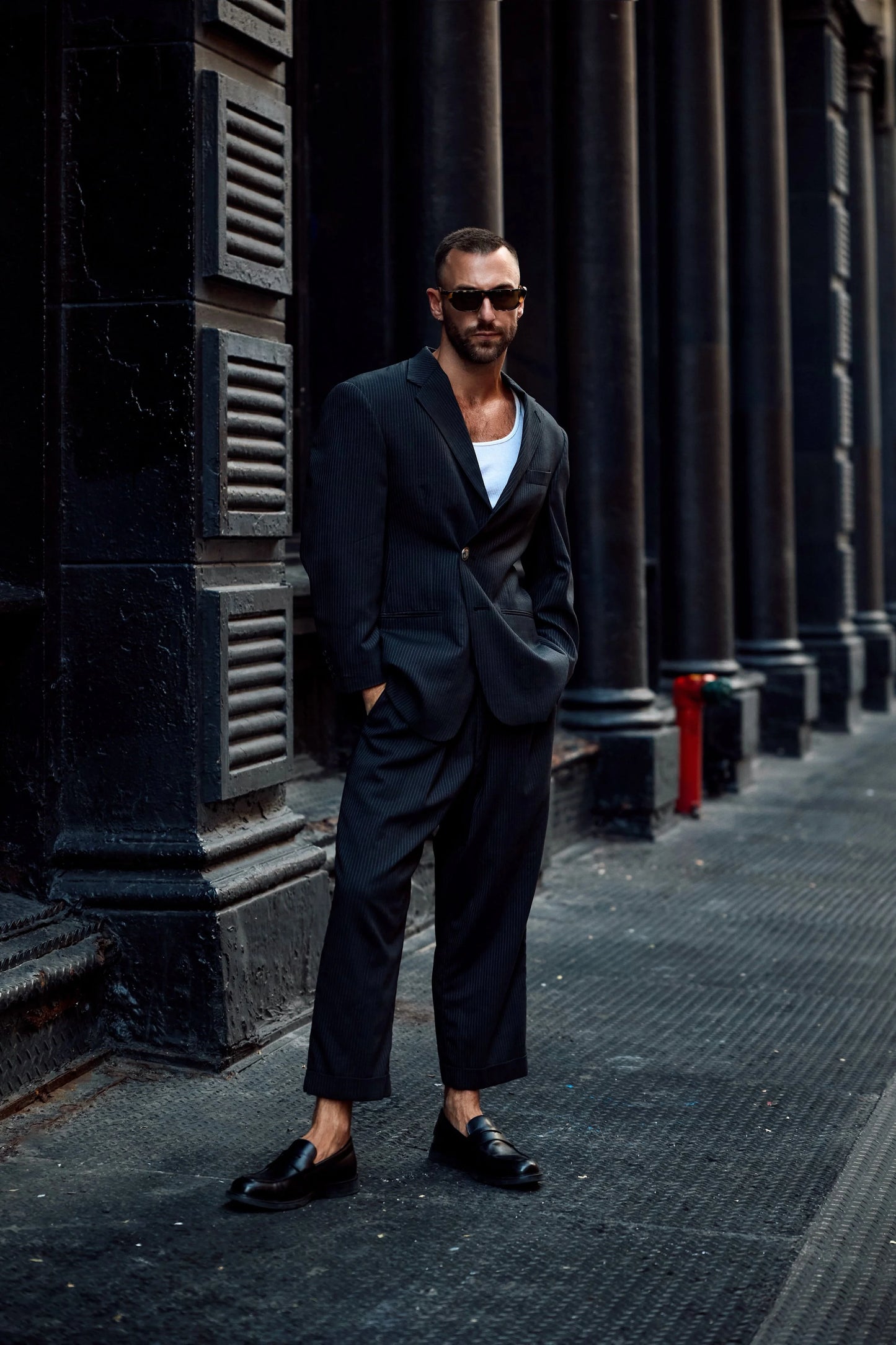 Pinstripe suit with vintage Hermes buttons