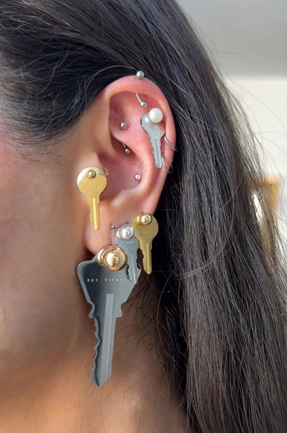 Large Key with Gold Ball Stud Earring