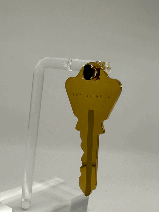 Large Key with Black Stone Oval Stud Earring